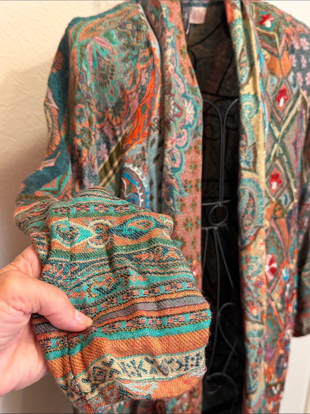 ๐๐๐BOGOHO๐๐๐Anu Boho Paisley Open-Front Cardigan in Teal & Rust-Large - Picture 3 of 12